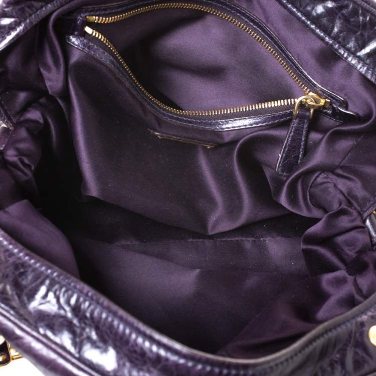 Pre Owned Miu Miu Dark Plum Leather Lily Distressed Satchel