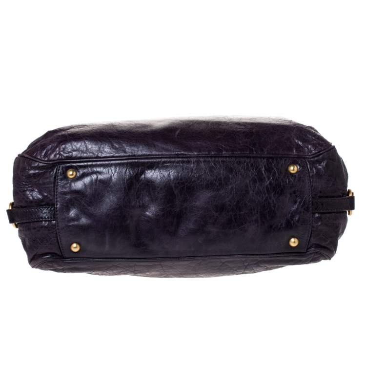 Pre Owned Miu Miu Dark Plum Leather Lily Distressed Satchel