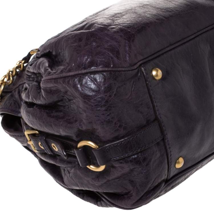 Pre Owned Miu Miu Dark Plum Leather Lily Distressed Satchel