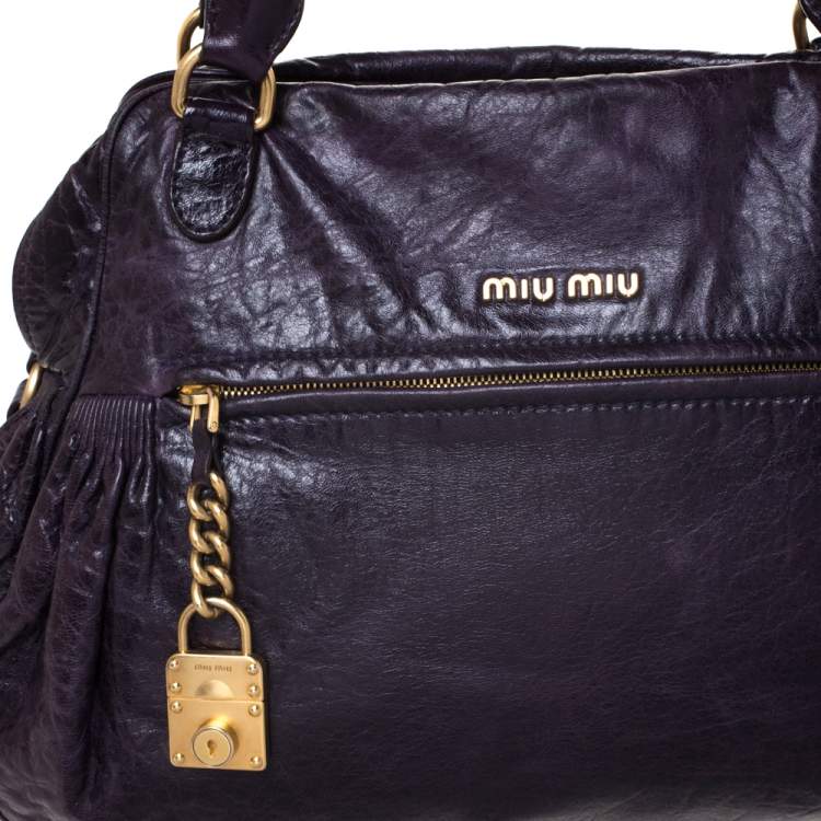 Pre Owned Miu Miu Dark Plum Leather Lily Distressed Satchel