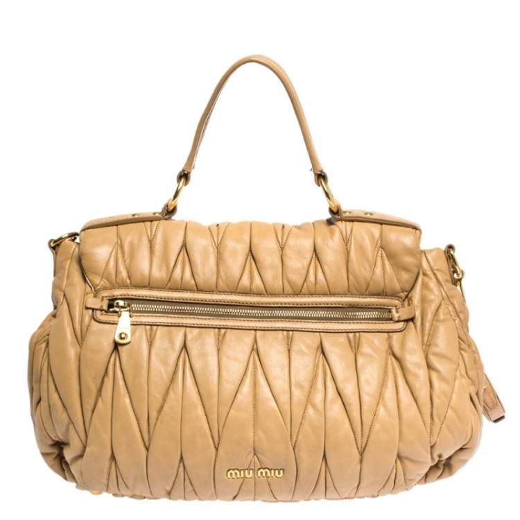 Pre Owned Miu Miu Beige Matelasse Leather Turnlock Top Handle Bag