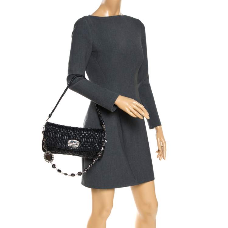 Pre Owned Miu Miu Black Matelasse Leather Crystal Shoulder Bag