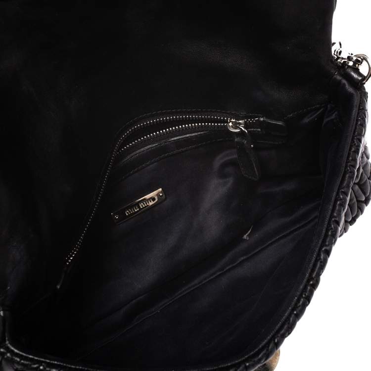 Pre Owned Miu Miu Black Matelasse Leather Crystal Shoulder Bag