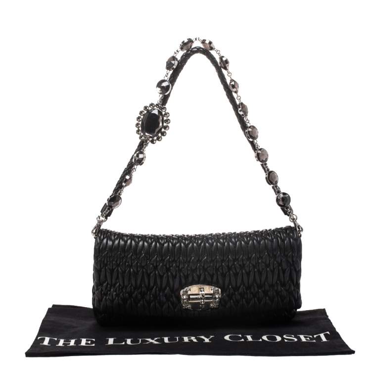 Pre Owned Miu Miu Black Matelasse Leather Crystal Shoulder Bag