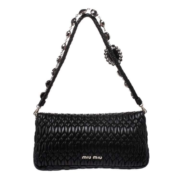 Pre Owned Miu Miu Black Matelasse Leather Crystal Shoulder Bag