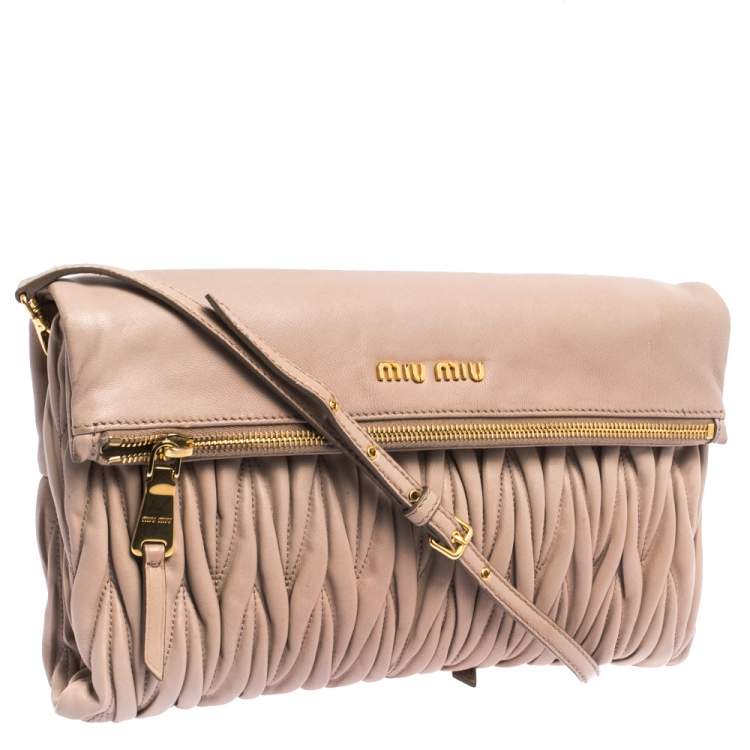 Pre Owned Miu Miu Pale Pink Matelasse Leather Fold Over Clutch Bag