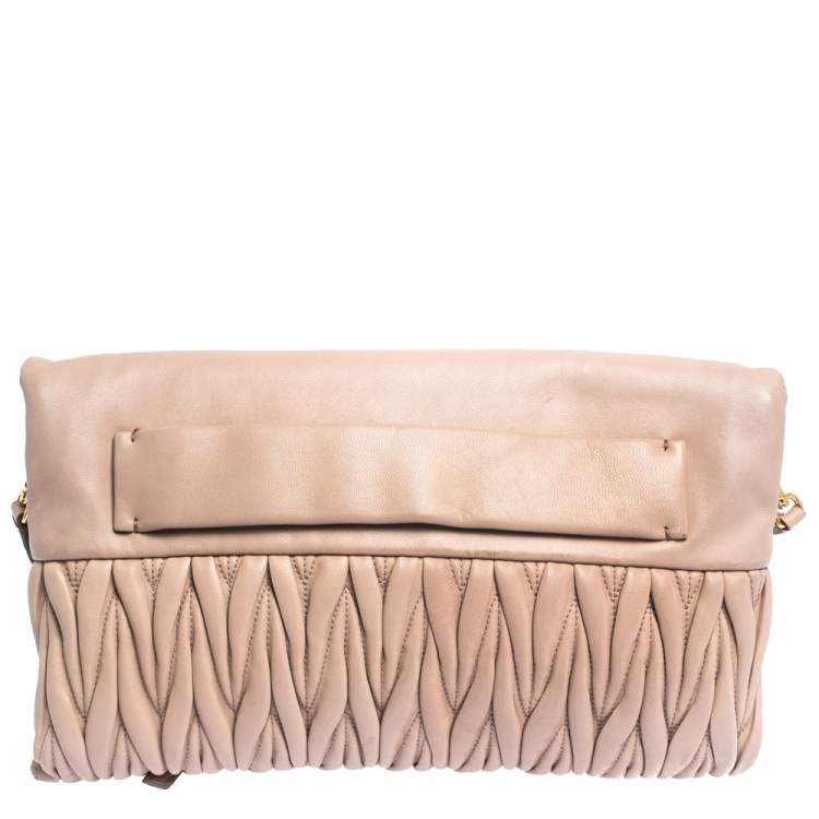 Pre Owned Miu Miu Pale Pink Matelasse Leather Fold Over Clutch Bag