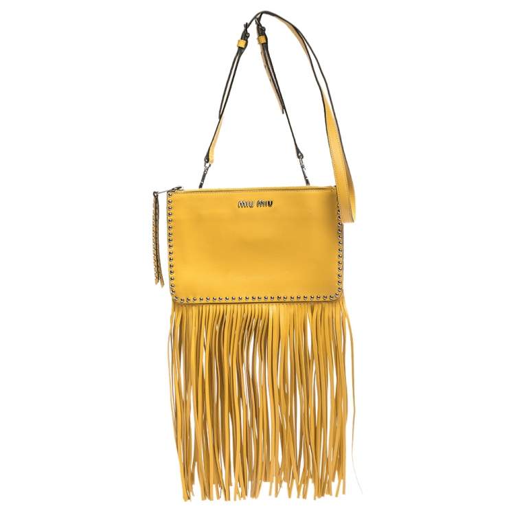 Pre Owned Miu Miu Yellow Leather Studded Fringed Shoulder Bag
