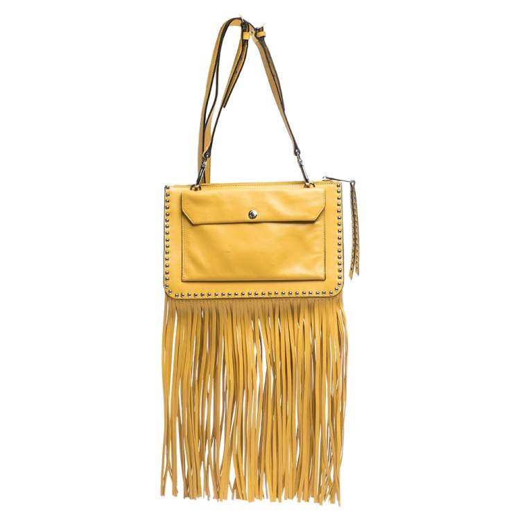 Pre Owned Miu Miu Yellow Leather Studded Fringed Shoulder Bag