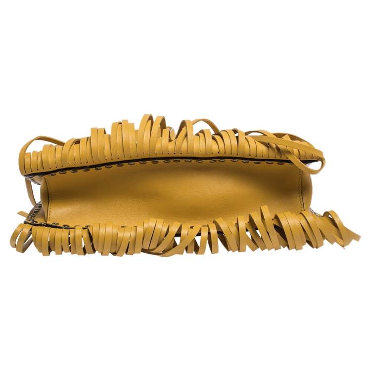 Pre Owned Miu Miu Yellow Leather Studded Fringed Shoulder Bag