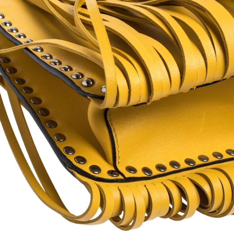 Pre Owned Miu Miu Yellow Leather Studded Fringed Shoulder Bag