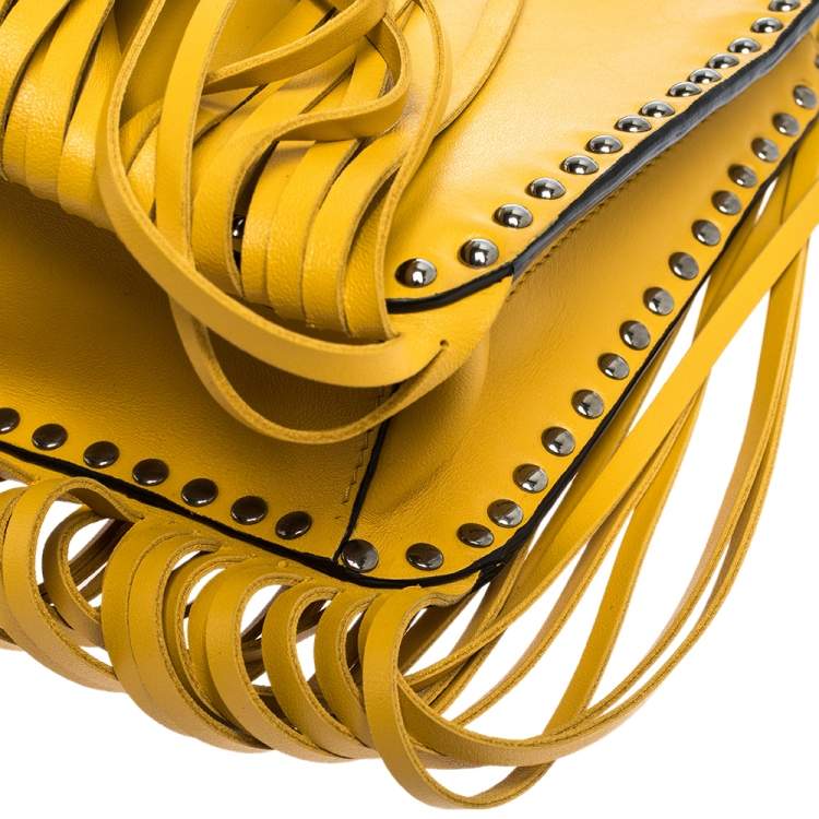 Pre Owned Miu Miu Yellow Leather Studded Fringed Shoulder Bag