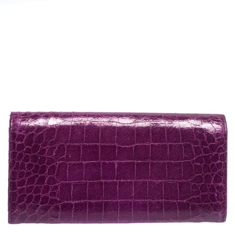 Pre Owned Miu Miu Purple Crocodile Effect Patent Leather Flap Continental Wallet