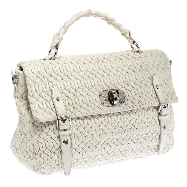 Pre Owned Miu Miu White Matelassé Leather Turn Lock Tote