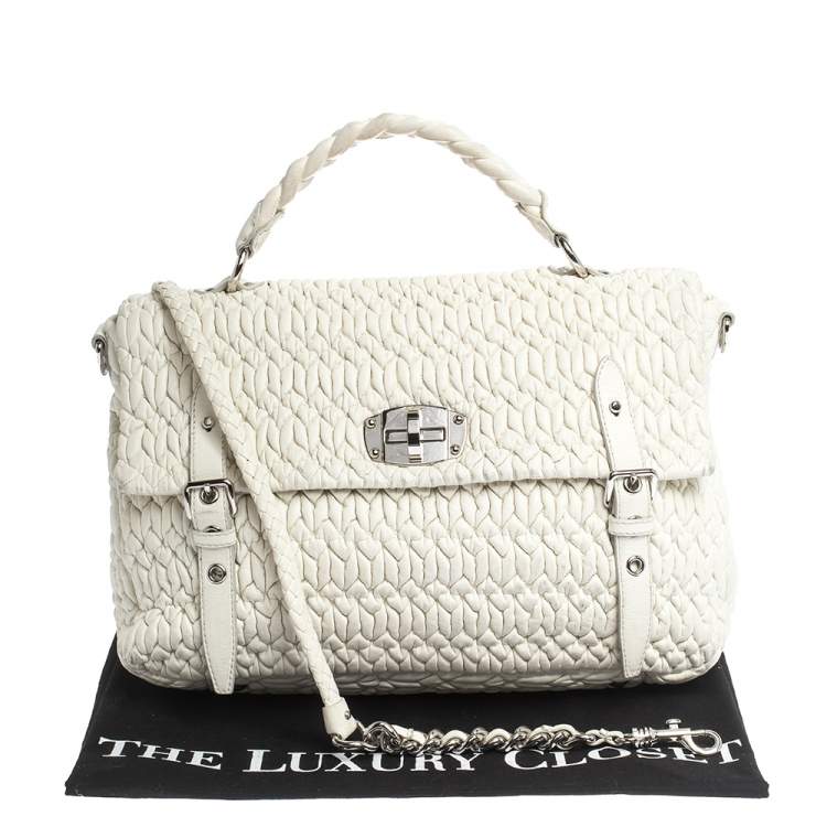 Pre Owned Miu Miu White Matelassé Leather Turn Lock Tote
