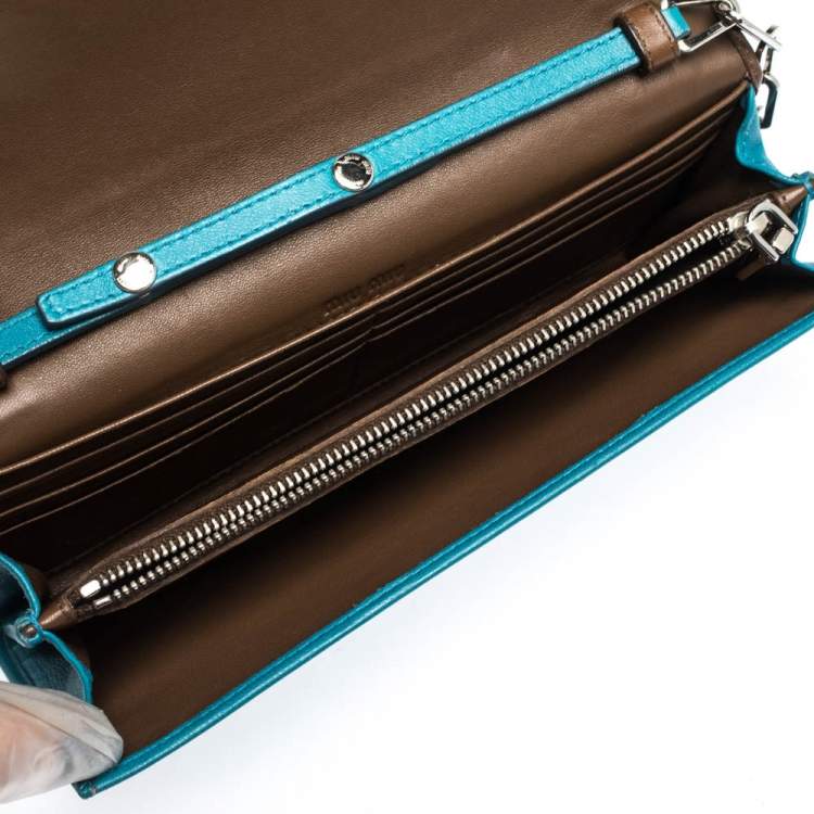 Pre Owned Miu Miu Blue/Brown Matelasee Leather Flap Wallet on Chain