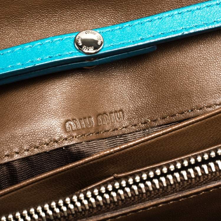 Pre Owned Miu Miu Blue/Brown Matelasee Leather Flap Wallet on Chain