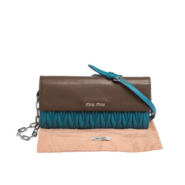 Pre Owned Miu Miu Blue/Brown Matelasee Leather Flap Wallet on Chain