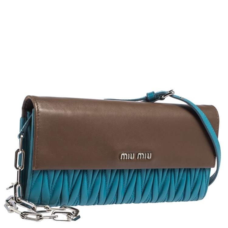 Pre Owned Miu Miu Blue/Brown Matelasee Leather Flap Wallet on Chain