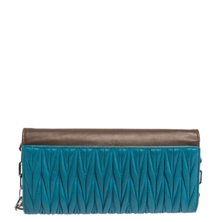 Pre Owned Miu Miu Blue/Brown Matelasee Leather Flap Wallet on Chain