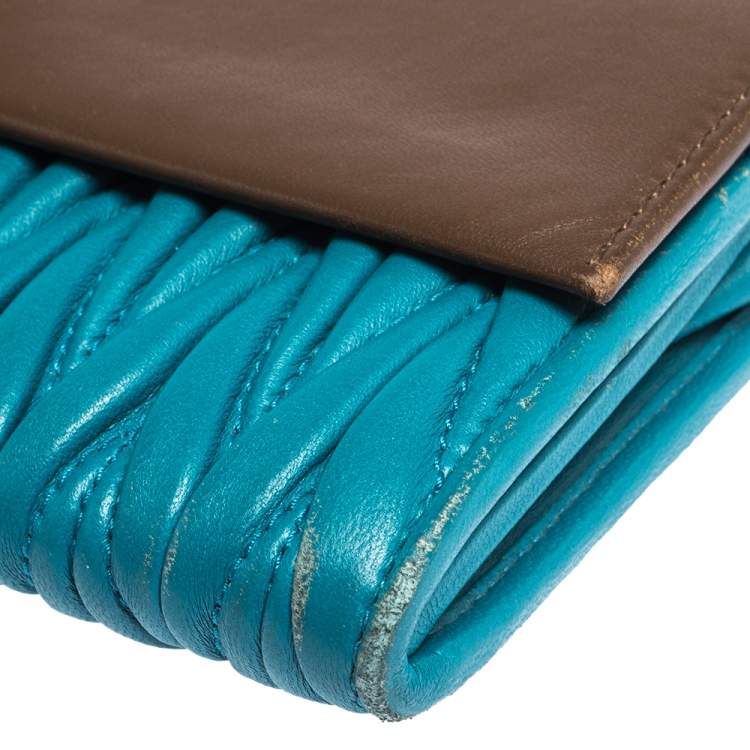 Pre Owned Miu Miu Blue/Brown Matelasee Leather Flap Wallet on Chain