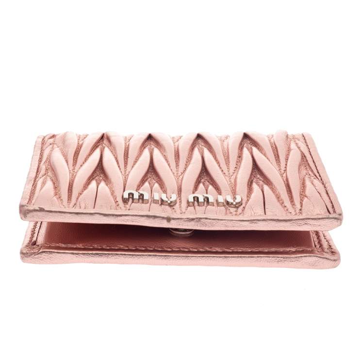 Pre Owned Miu Miu Metallic Peach Matelasse Leather Bifold Compact Wallet
