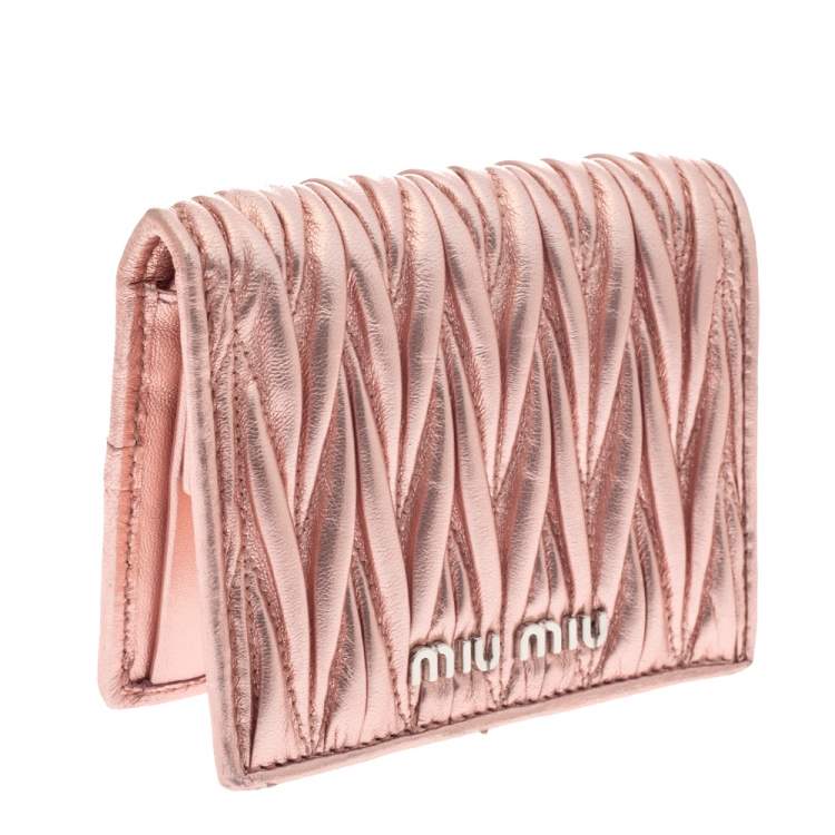 Pre Owned Miu Miu Metallic Peach Matelasse Leather Bifold Compact Wallet
