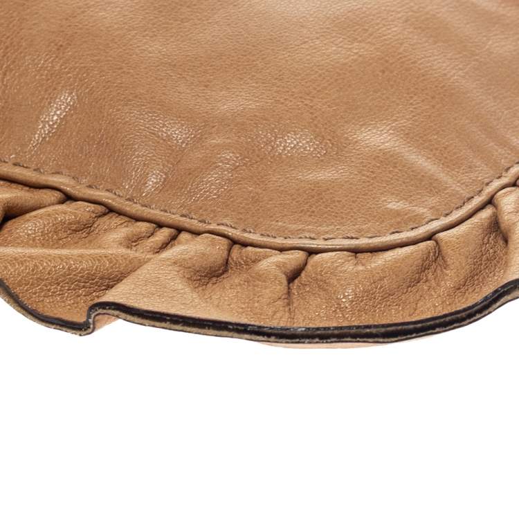 Pre Owned Miu Miu Caramel Brown Leather Ruffle Wristlet Clutch