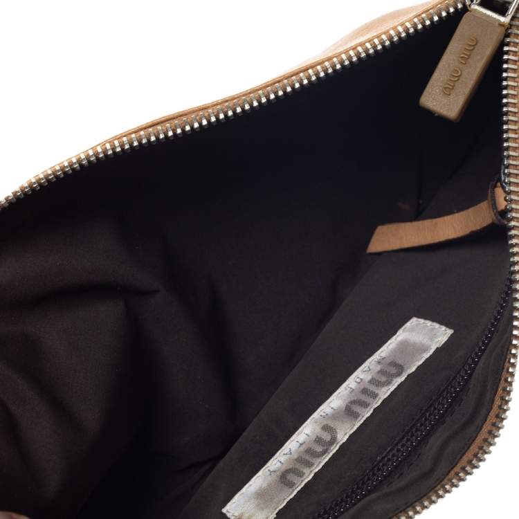 Pre Owned Miu Miu Caramel Brown Leather Ruffle Wristlet Clutch