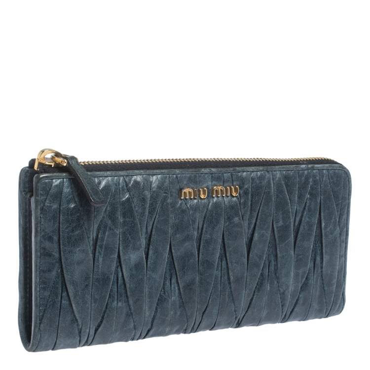 Pre Owned Miu Miu Deep Green Matelassé Leather Continental Zip Wallet