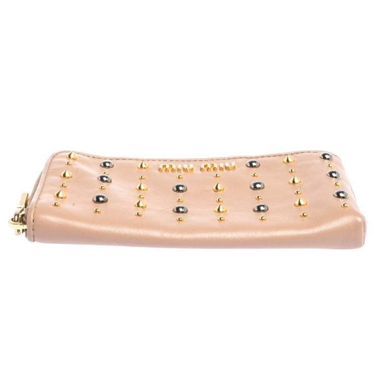 Pre Owned Miu Miu Beige Leather Studded Zip Wallet
