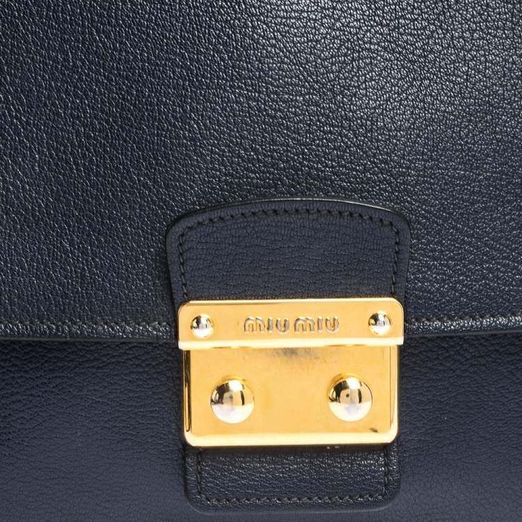 Pre Owned Miu Miu Dark Blue Madras Leather Push Lock Flap Top Handle Bag