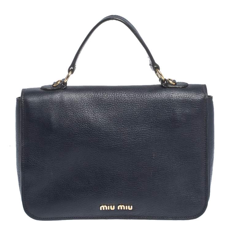 Miu Miu Dark Blue Madras Leather Push Lock Flap Top Handle Bag Miu Miu ...
