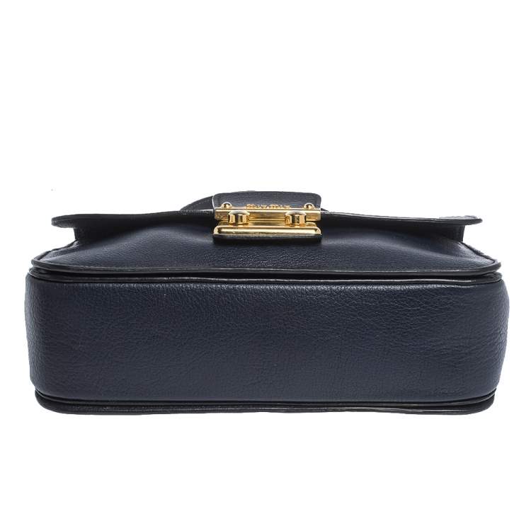 Pre Owned Miu Miu Dark Blue Madras Leather Push Lock Flap Top Handle Bag