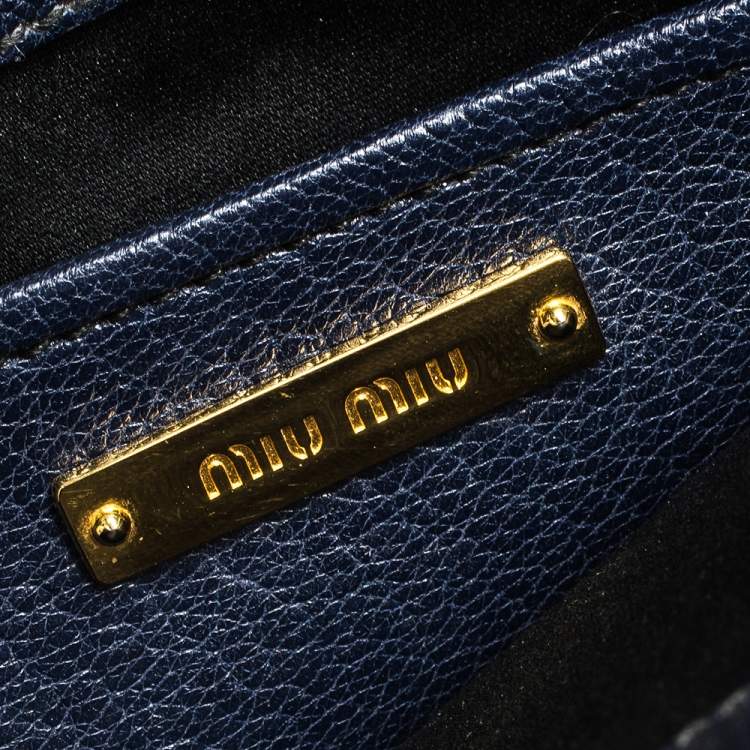Pre Owned Miu Miu Dark Blue Madras Leather Push Lock Flap Top Handle Bag