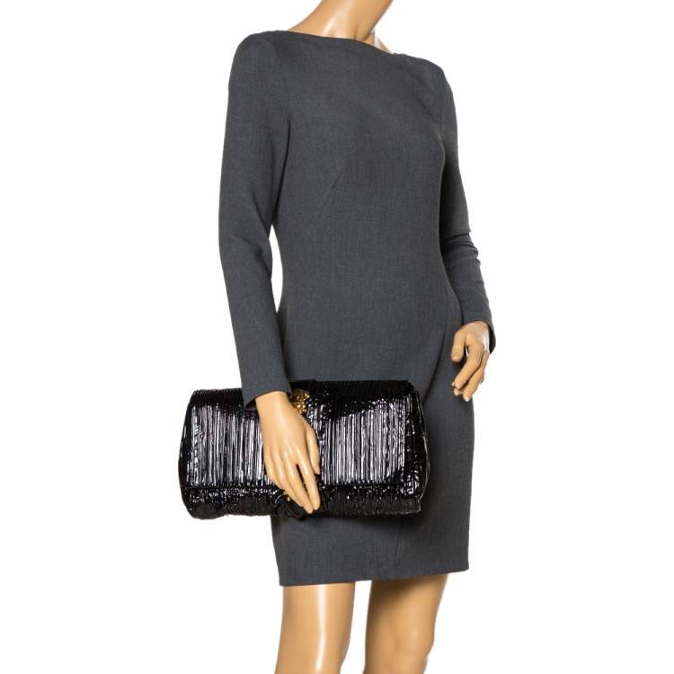 Pre Owned Miu Miu Black Pleated Patent Leather Ring Flap Clutch