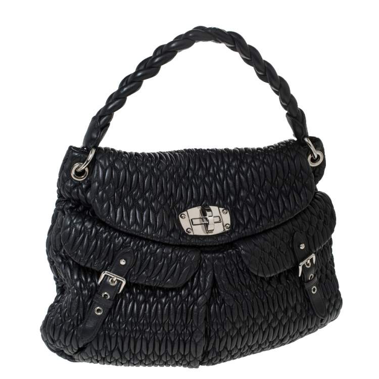 Pre Owned Miu Miu Black Matelasse Leather Turnlock Flap Hobo