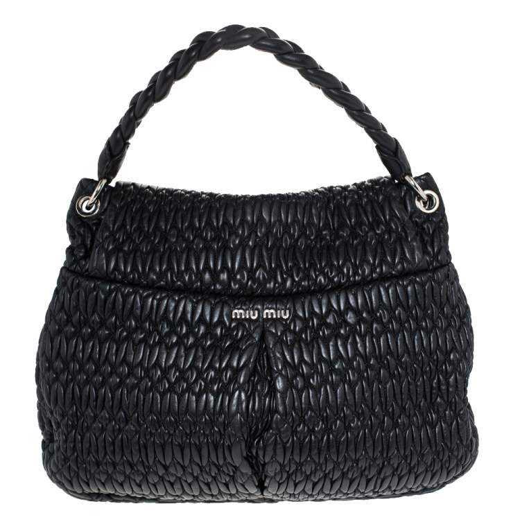 Pre Owned Miu Miu Black Matelasse Leather Turnlock Flap Hobo