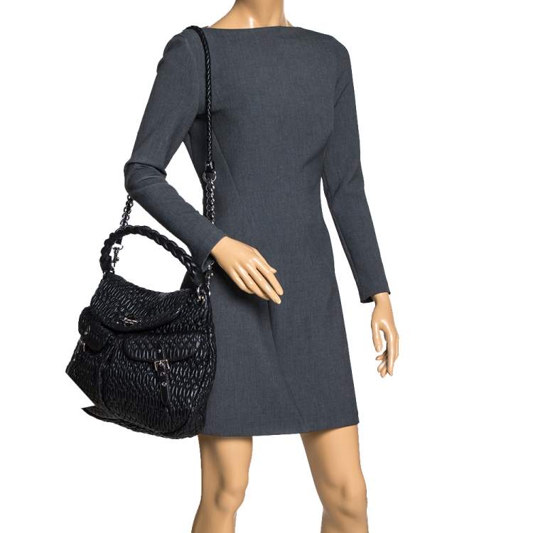 Pre Owned Miu Miu Black Matelasse Leather Turnlock Flap Hobo