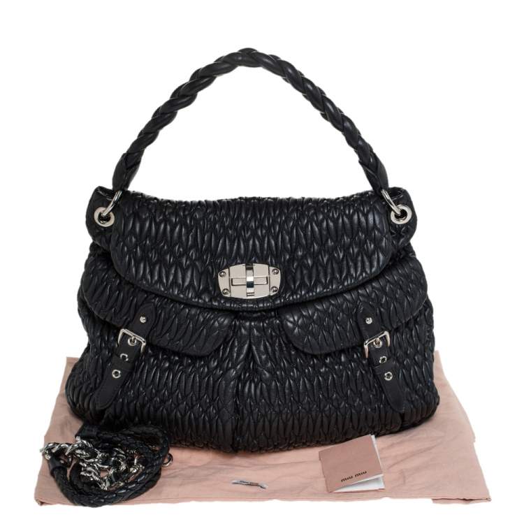 Pre Owned Miu Miu Black Matelasse Leather Turnlock Flap Hobo