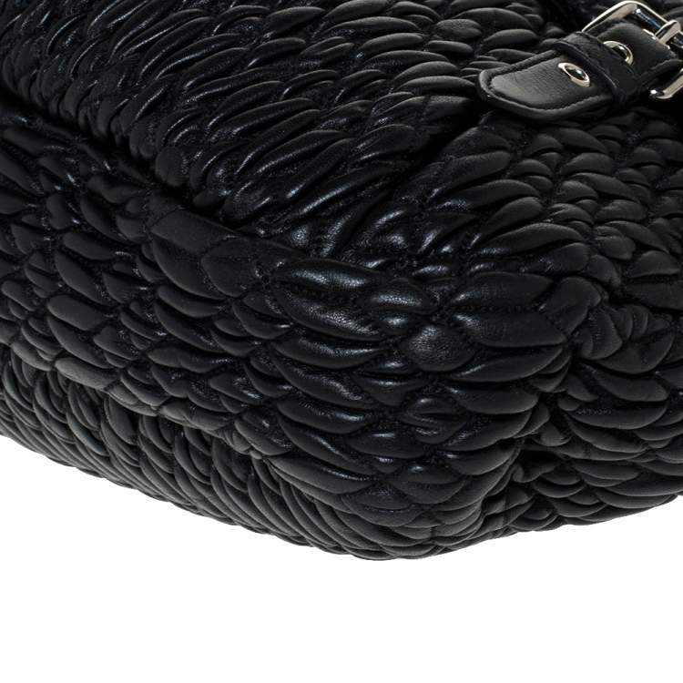 Pre Owned Miu Miu Black Matelasse Leather Turnlock Flap Hobo