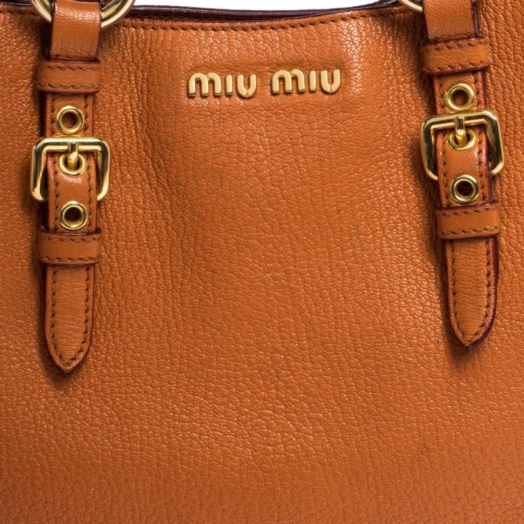 Pre Owned Miu Miu Orange Madras Leather Shopping Tote