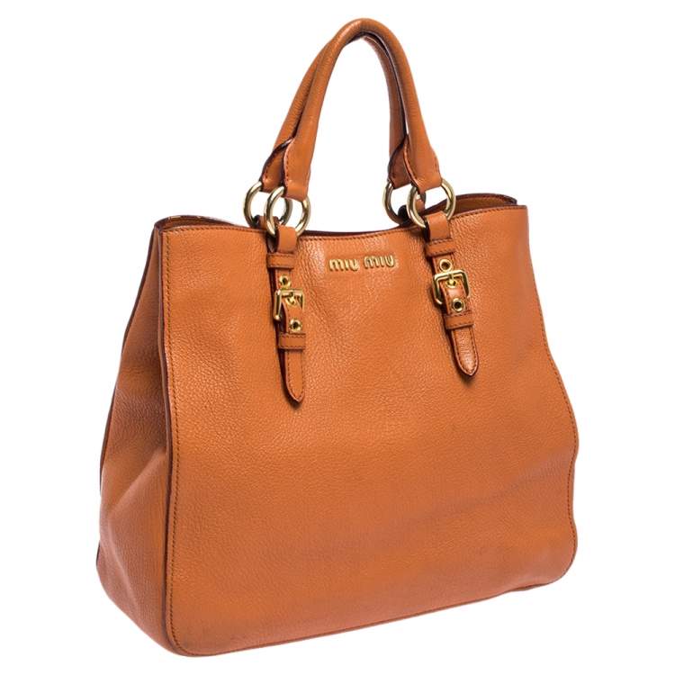 Pre Owned Miu Miu Orange Madras Leather Shopping Tote