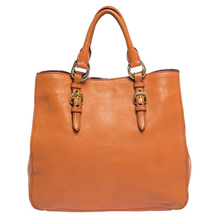 Pre Owned Miu Miu Orange Madras Leather Shopping Tote