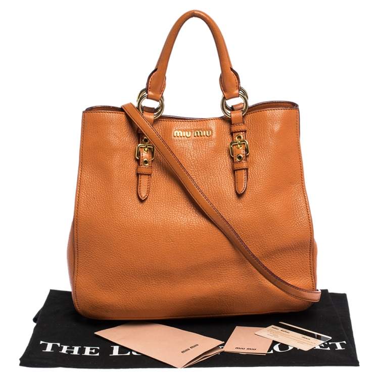 Pre Owned Miu Miu Orange Madras Leather Shopping Tote