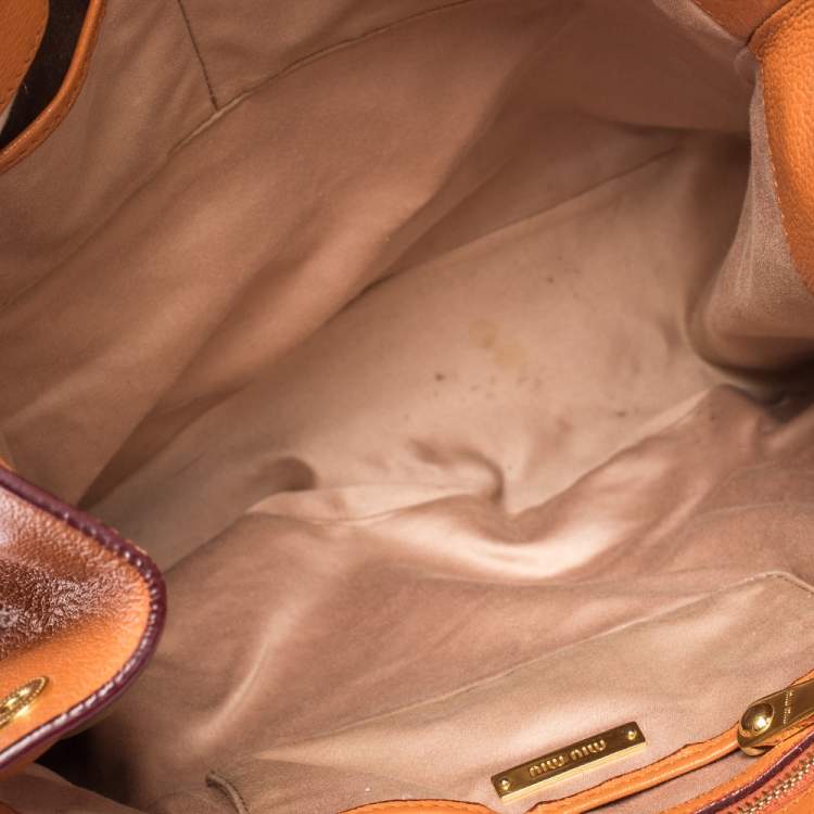 Pre Owned Miu Miu Orange Madras Leather Shopping Tote
