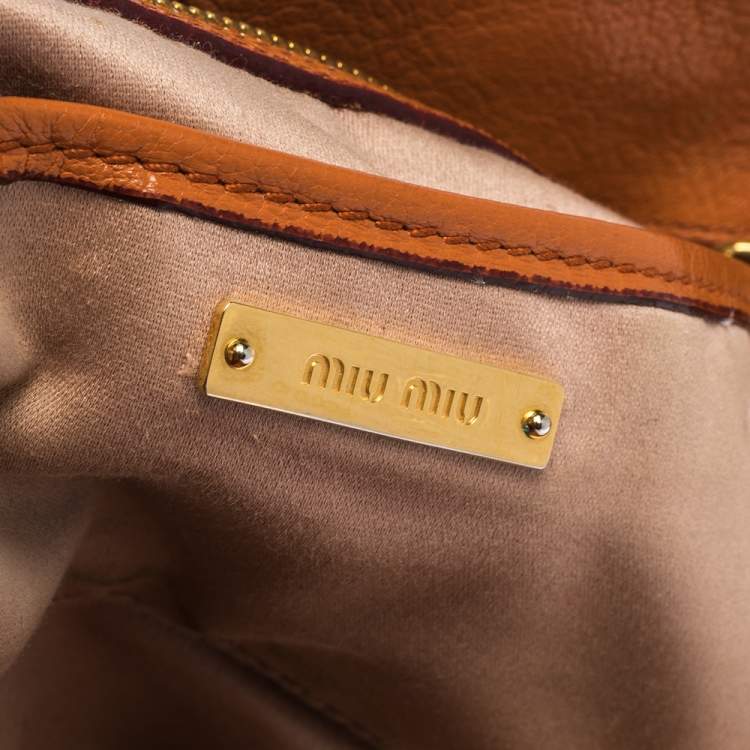 Pre Owned Miu Miu Orange Madras Leather Shopping Tote