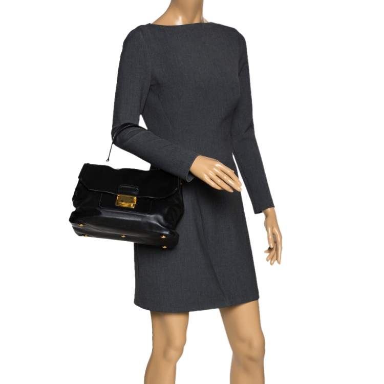 Pre Owned Miu Miu Black Soft Leather Push Lock Top Handle Bag