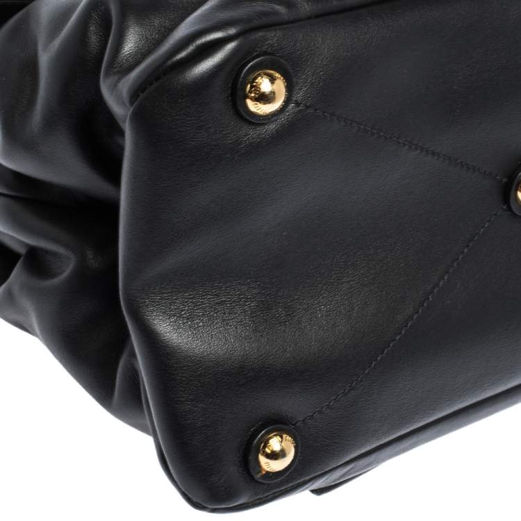 Pre Owned Miu Miu Black Soft Leather Push Lock Top Handle Bag