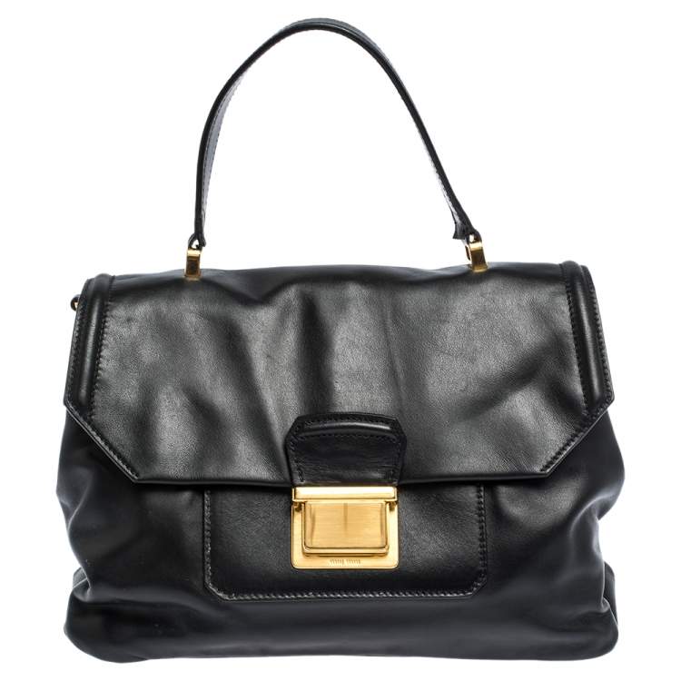 Pre Owned Miu Miu Black Soft Leather Push Lock Top Handle Bag
